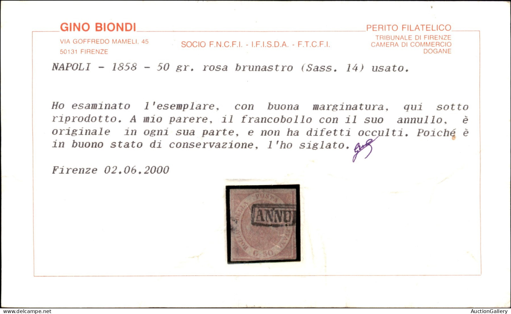 Antichi Stati Italiani - Napoli - 1858 - 50 Grana Rosa Brunastro (14) - Usato - Cert. Biondi - Otros & Sin Clasificación