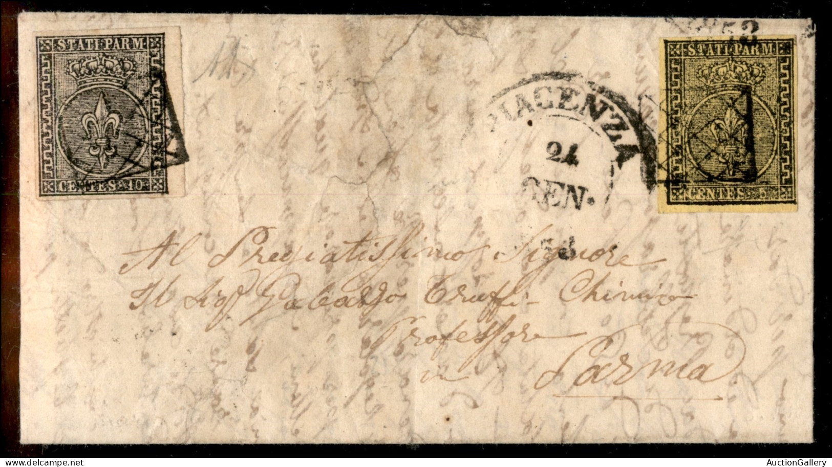 Antichi Stati Italiani - Parma - 10 Cent (2) Bordo Foglio + 5 Cent (1) - Letterina Da Piacenza A Parma Del 24.1.1853 - A - Andere & Zonder Classificatie