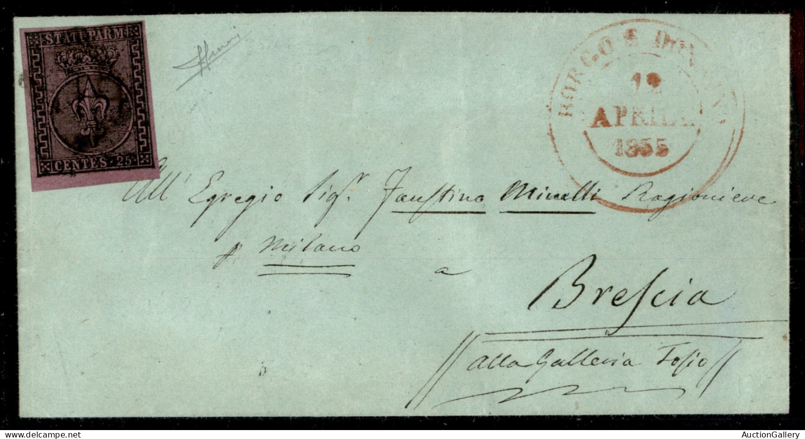 Antichi Stati Italiani - Parma - 25 Cent (4) Bordo Foglio Su Lettera Da Borgo S. Donnino A Brescia Del 12.4.1855 - Molto - Otros & Sin Clasificación