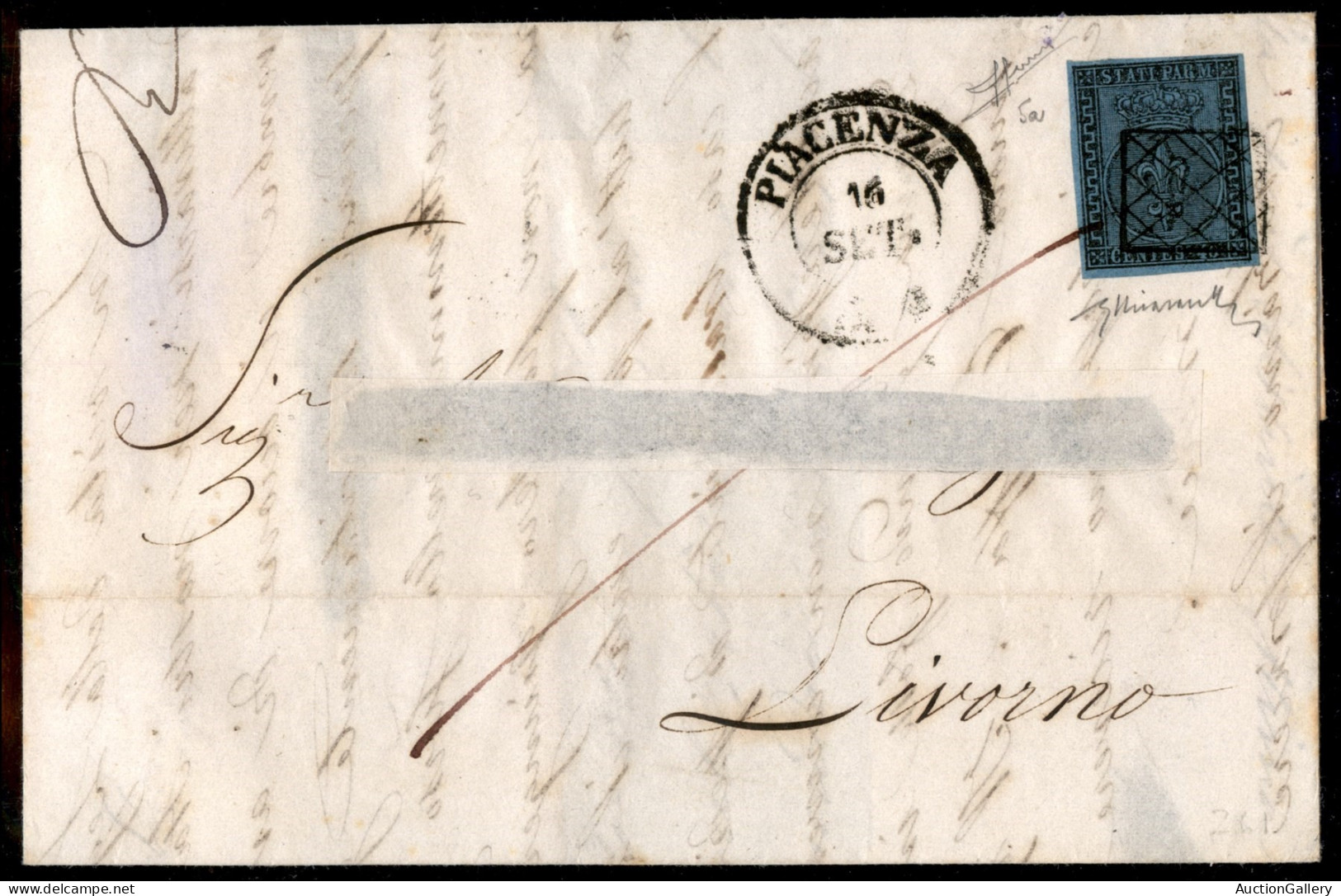 Antichi Stati Italiani - Parma - 40 Cent Azzurro Chiaro (5a) Isolato Su Lettera Da Piacenza A Livorno Del 16.9.1852 - Ot - Autres & Non Classés