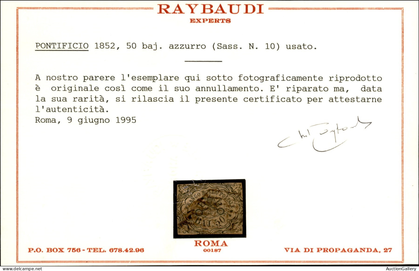 Antichi Stati Italiani - Stato Pontificio - 1852 - 50 Baj Azzurro (10) - Usato - Corto E Riparato - Cert. Raybaudi - Autres & Non Classés