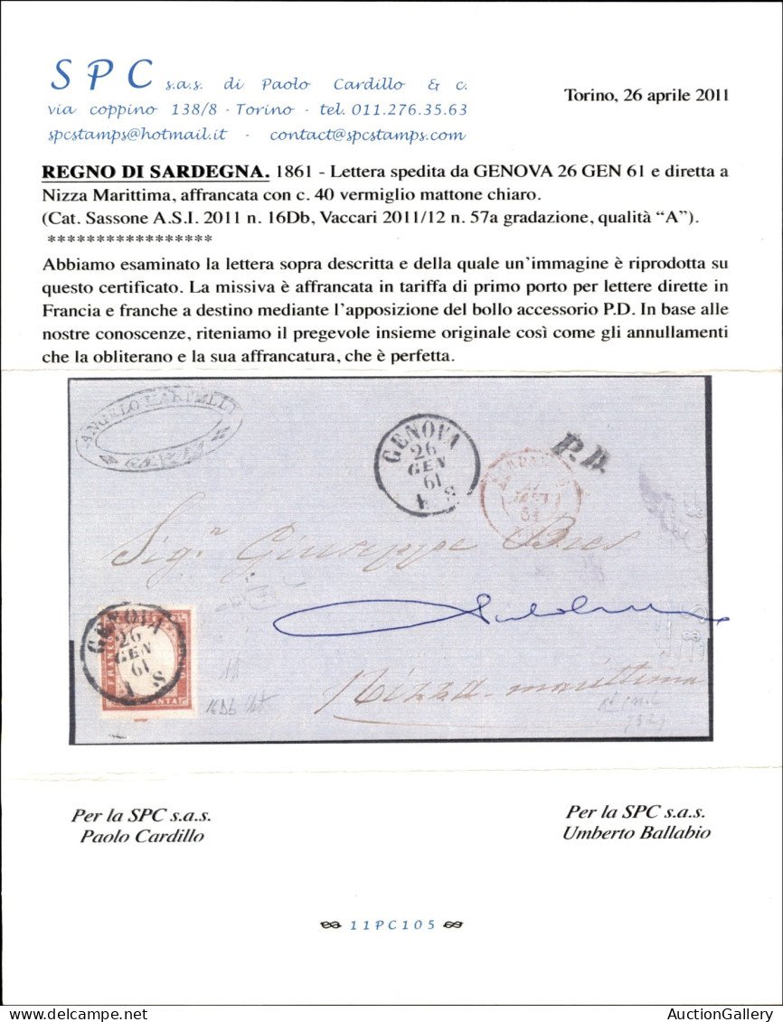 Antichi Stati Italiani - Sardegna - Lettera Da Genova 26.1.61 Recante 40 Cent (16Db) Ottimamente Marginato - Raro Colore - Other & Unclassified