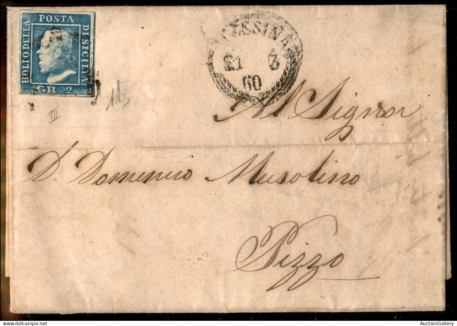 Antichi Stati Italiani - Sicilia - 2 Grana (8d) Su Lettera Da Messina A Pizzo Del 21.3.1860 - A. Diena - Other & Unclassified