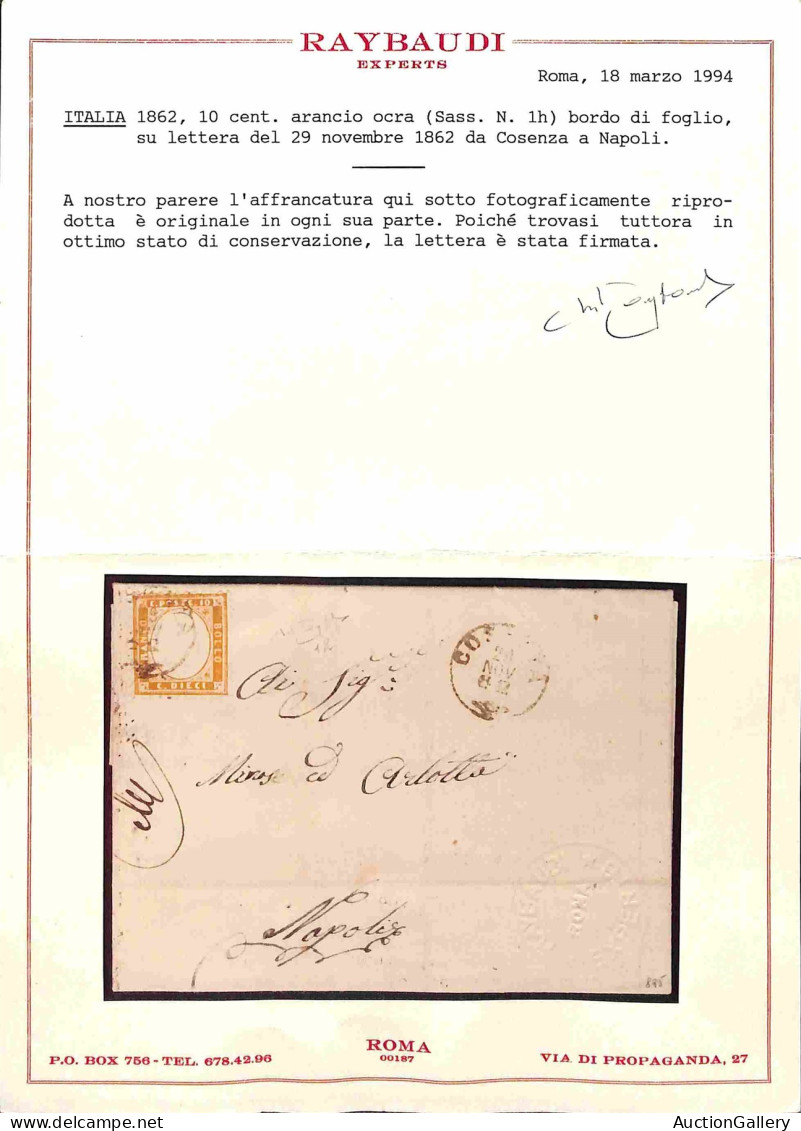 Regno - Vittorio Emanuele II - Lettera Da Cosenza 29 Nov. 62 Per Napoli Con 10 Cent Arancio Ocra (1h) Bordo Di Foglio A  - Sonstige & Ohne Zuordnung