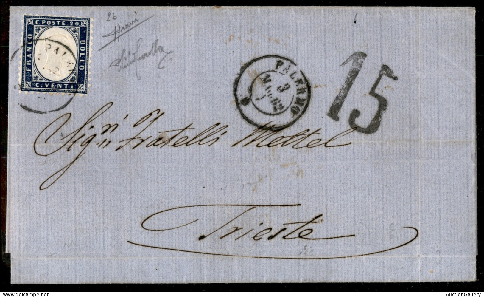 Regno - Vittorio Emanuele II - Lettera Da Palermo 3.3.62 Per Trieste Recante 20 Cent (2b) Bene Dentellato - Ex Coll. Pro - Autres & Non Classés