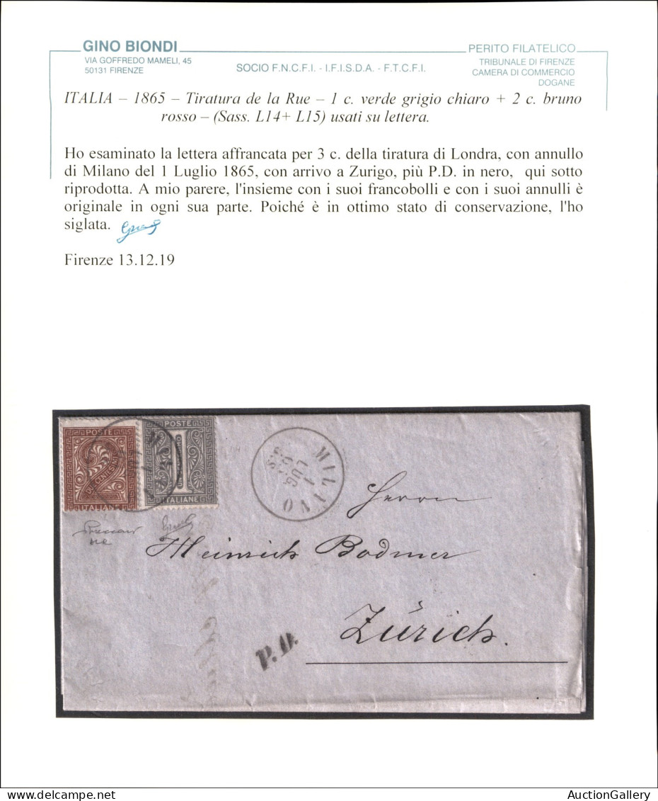 Regno - Vittorio Emanuele II - Lettera Affrancata Con 2 Cent (L15) + 1 Cent (L14) Da Milano Per Zurigo Del 1 Lug. 65 - V - Andere & Zonder Classificatie