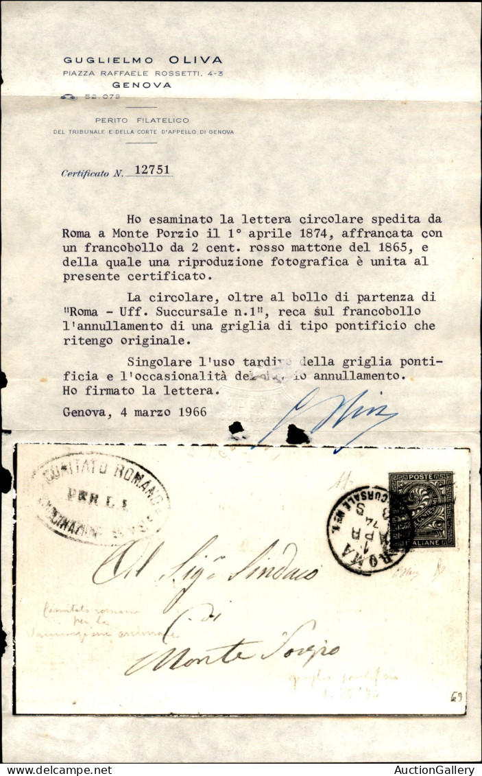 Regno - Vittorio Emanuele II - Muto A Griglia + Roma 1 Apr. 74 Su 2 Cent (T15) - Involucro Di Circolare Per Monte Porzio - Otros & Sin Clasificación