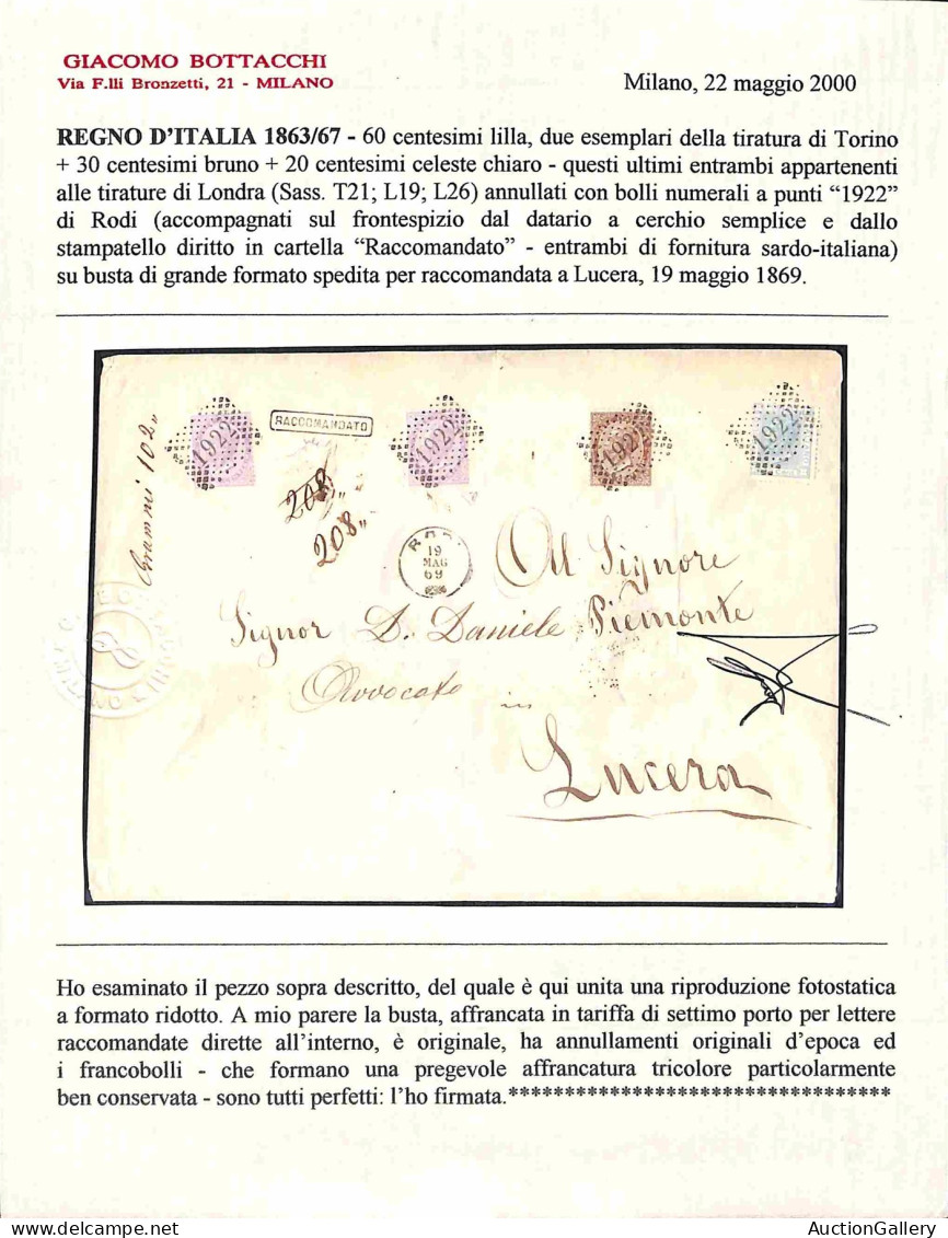 Regno - Vittorio Emanuele II - Bustone Raccomandato Con Affrancatura Tricolore (T21 Due + T19 + L26) Da Rodi A Lucera De - Altri & Non Classificati