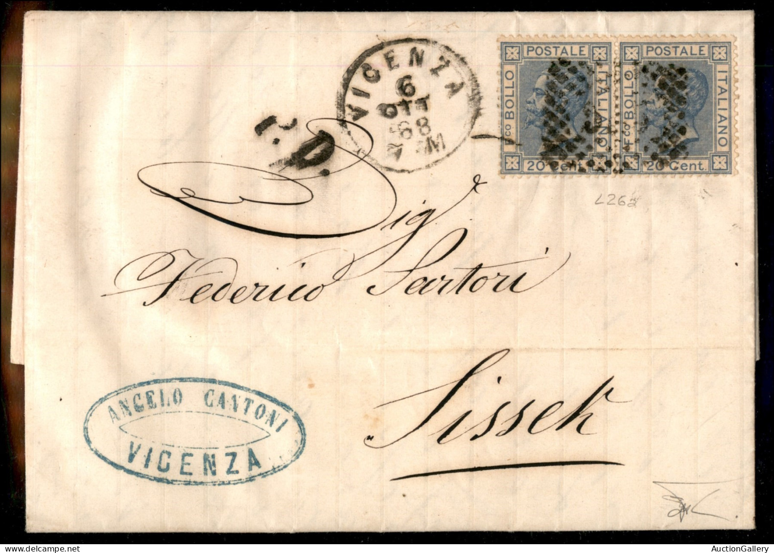 Regno - Vittorio Emanuele II - Lettera Da Vicenza 6.10.68 Recante Coppia Bene Dentellata Del 20 Cent Azzurro Lillaceo Ch - Otros & Sin Clasificación