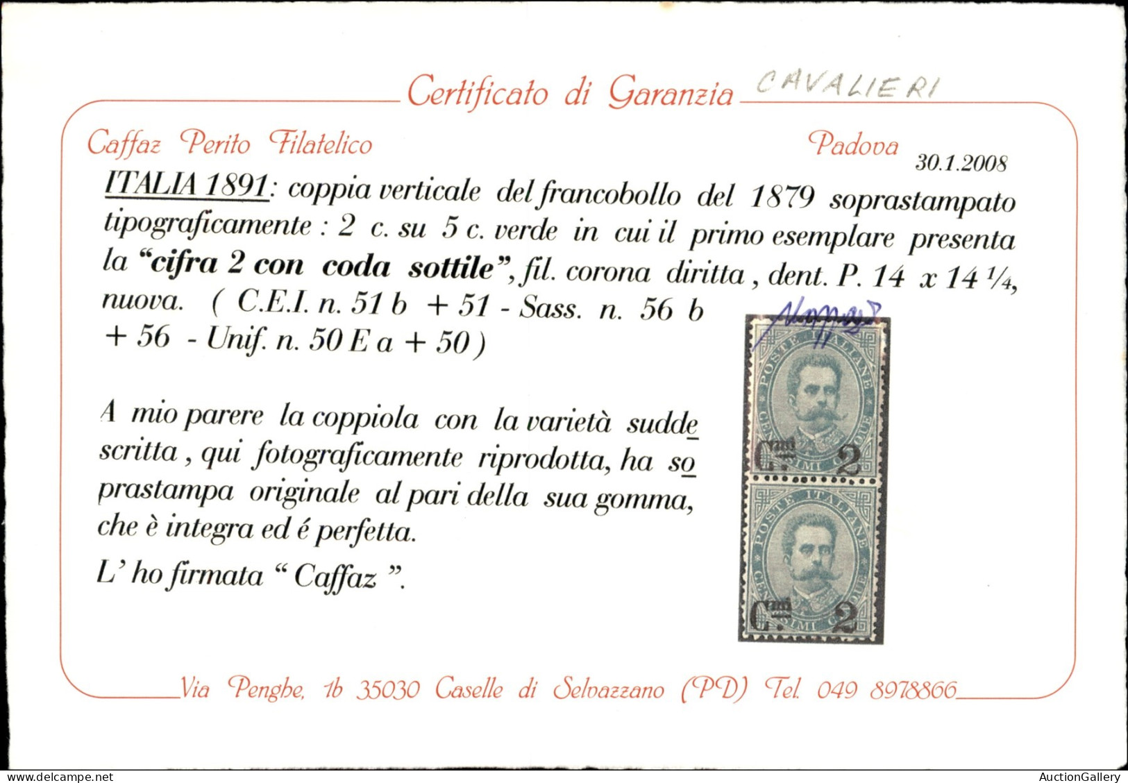 Regno - Umberto I - 1891 - 2 Cent Su 5 Umberto I (56b + 56) - Coppia Verticale - Il Valore In Alto Con Coda Sottile Dell - Sonstige & Ohne Zuordnung