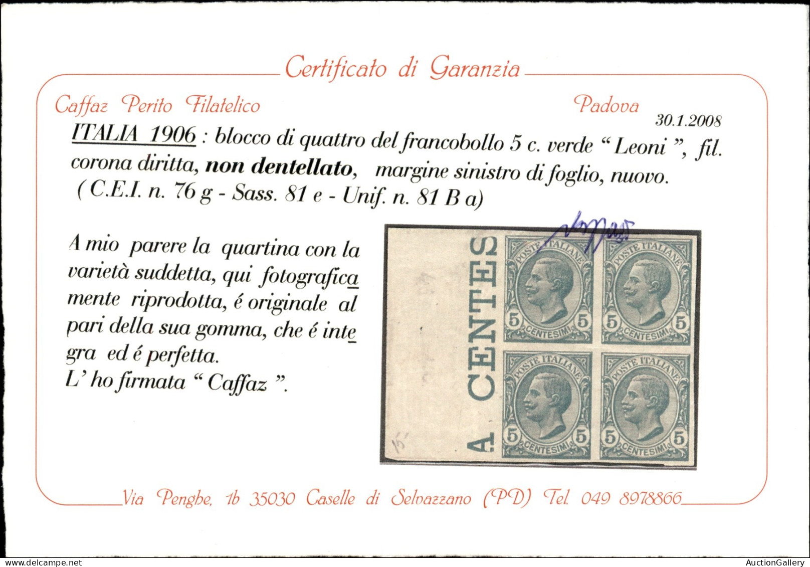 Regno - Vittorio Emanuele III - 1906 - 5 Cent Leoni (81e) - Quartina Bordo Di Foglio Non Dentellata - Gomma Integra - Ce - Andere & Zonder Classificatie