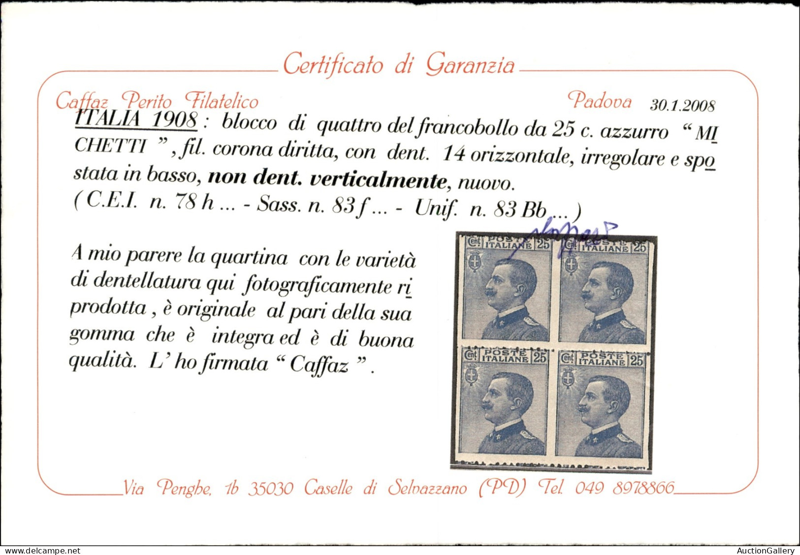 Regno - Vittorio Emanuele III - 1908 - 25 Cent Michetti (83f) - Quartina Non Dentellata Verticalmente - Gomma Integra -  - Other & Unclassified