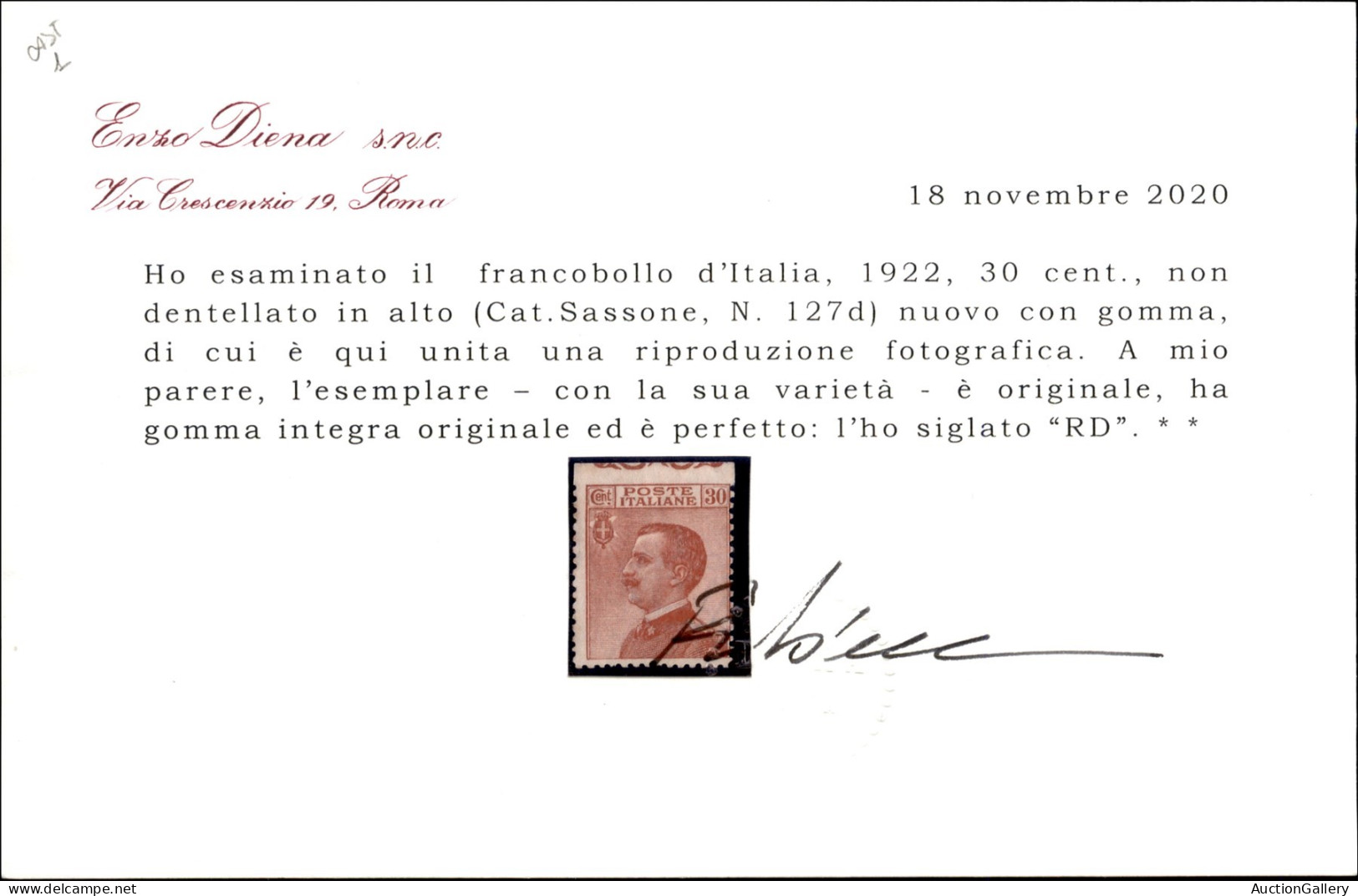 Regno - Vittorio Emanuele III - 1922 - 30 Cent Michetti (127d) Non Dentellato In Alto - Bordo Foglio - Gomma Integra - C - Altri & Non Classificati