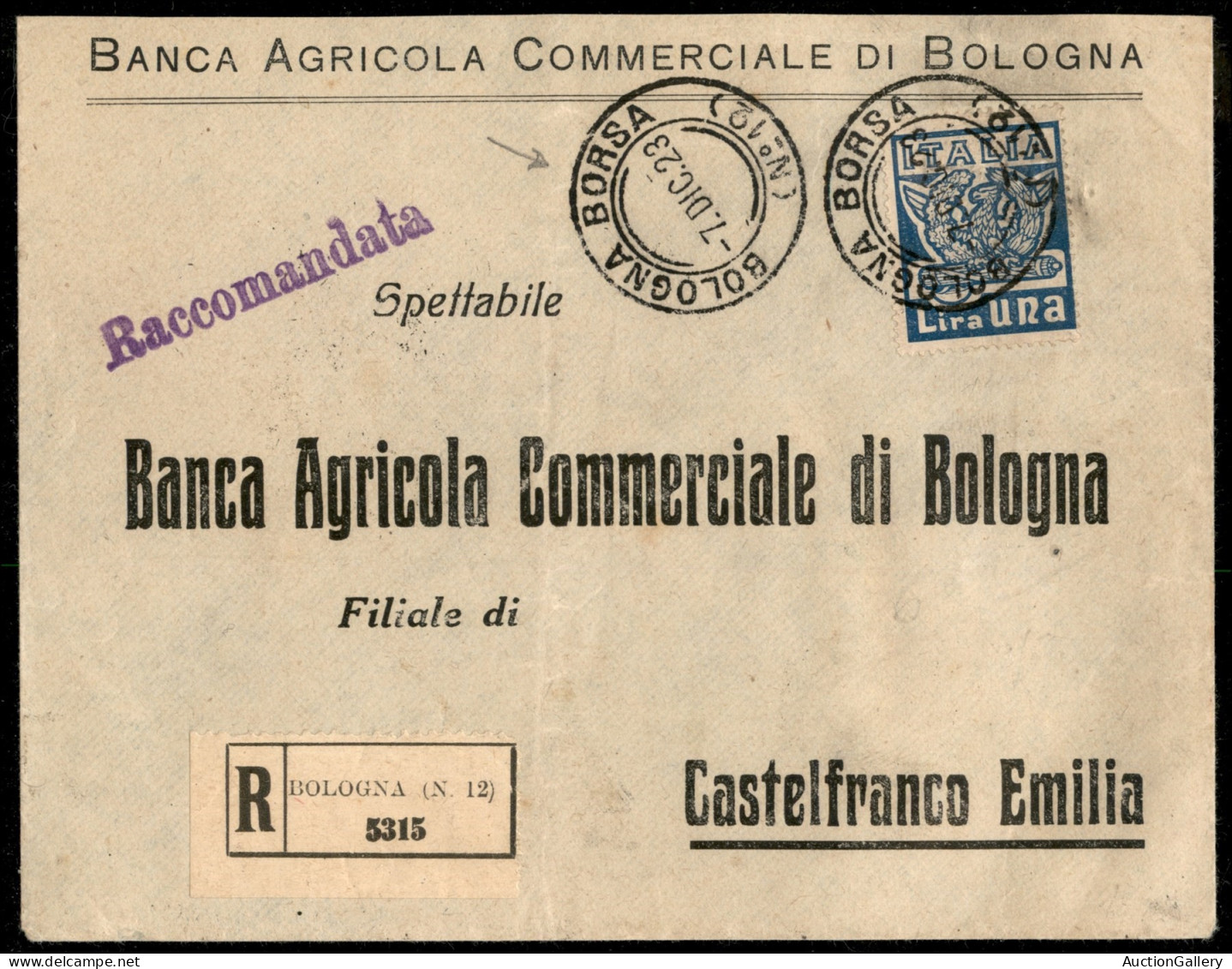 Regno - Vittorio Emanuele III - Marcia Su Roma 1 Lira Azzurro (144) Su Raccomandata Commerciale Da Bologna Borsa (N° 12) - Autres & Non Classés