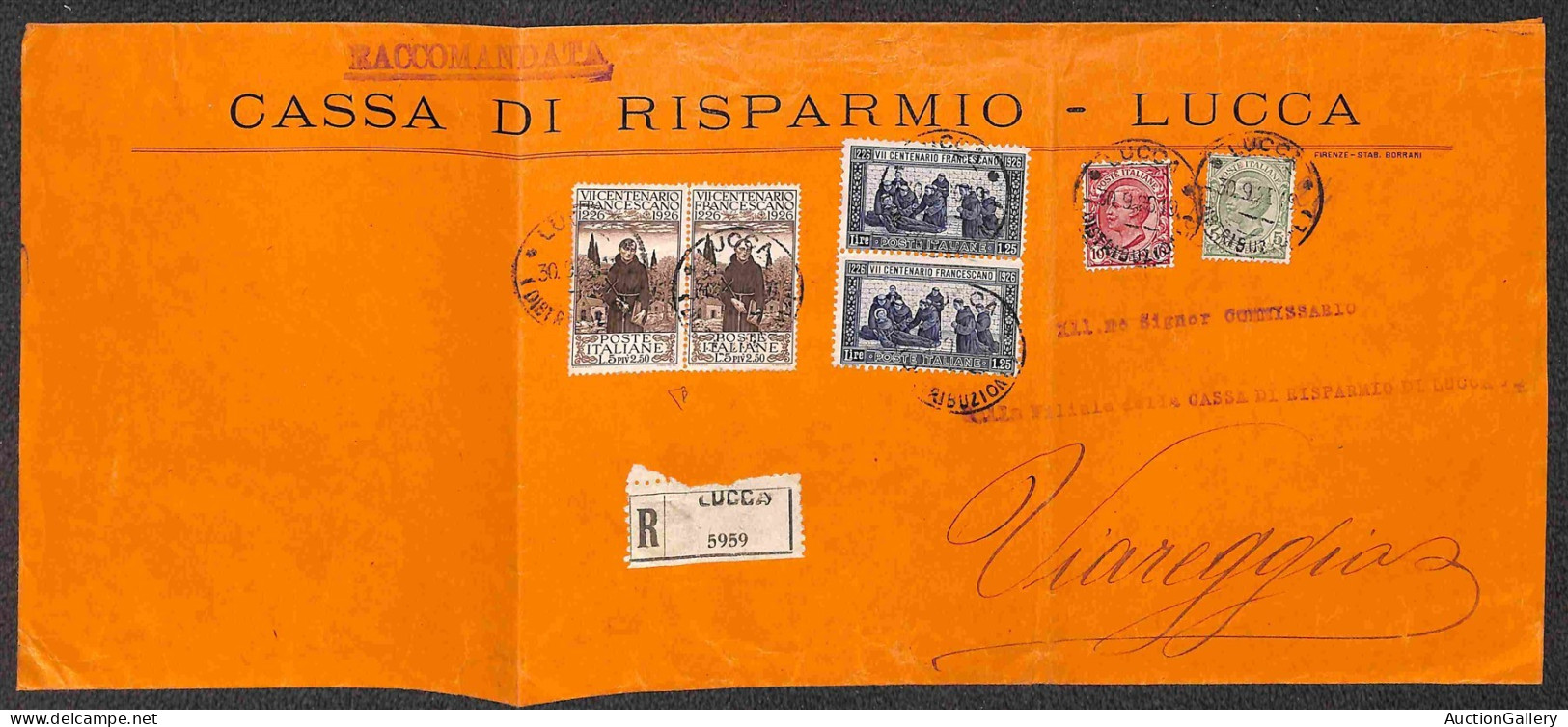 Regno - Vittorio Emanuele III - Busta Raccomandata Viaggiata Da Lucca 30.9.26 Con Coppie Del 1,25 Lire E 5 Lire S. Franc - Andere & Zonder Classificatie