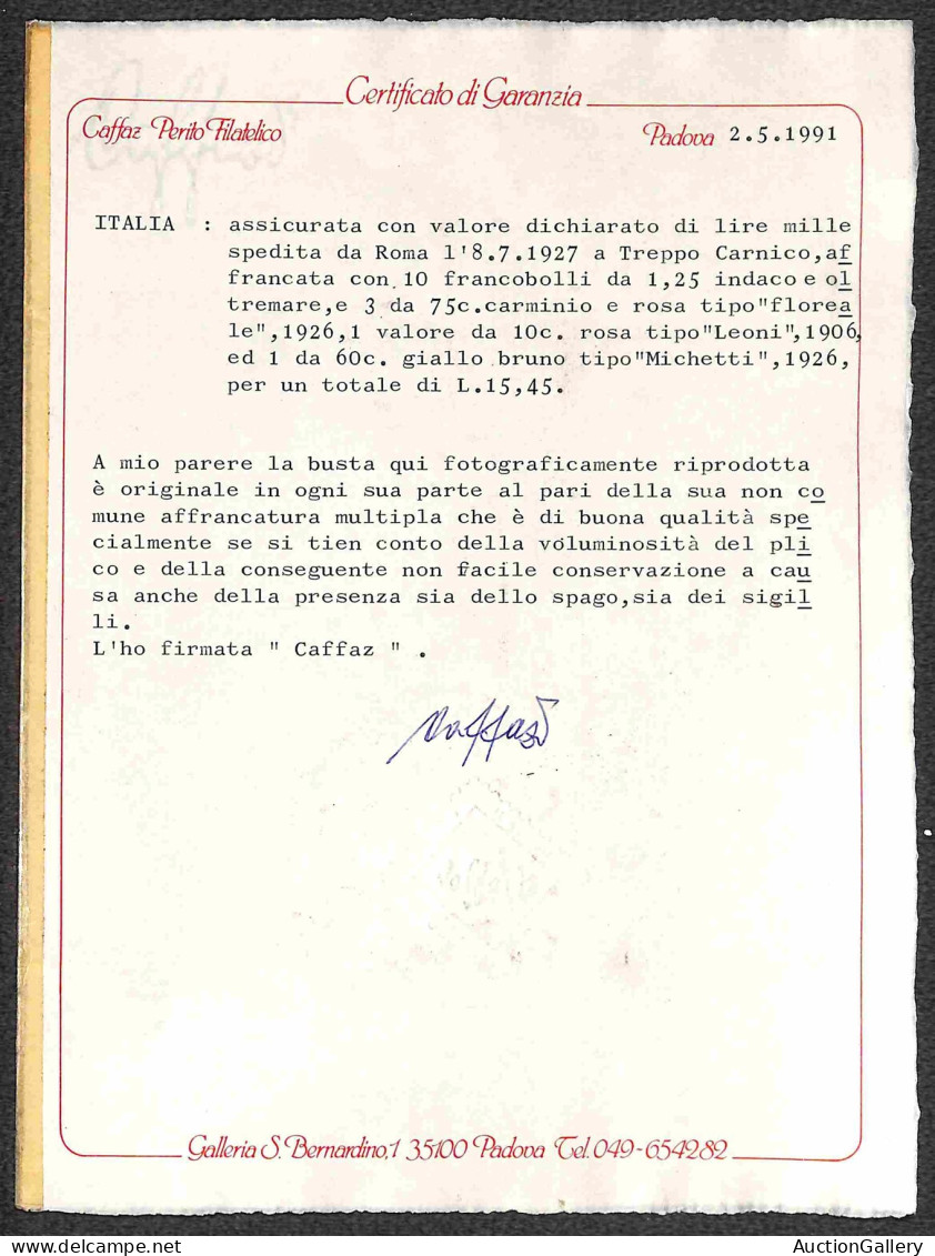 Regno - Vittorio Emanuele III - Assicurata Da Roma A Treppo Carnico Del 8.7.27 Con Affrancatura Di 15,45 Lire (82+201 Tr - Andere & Zonder Classificatie