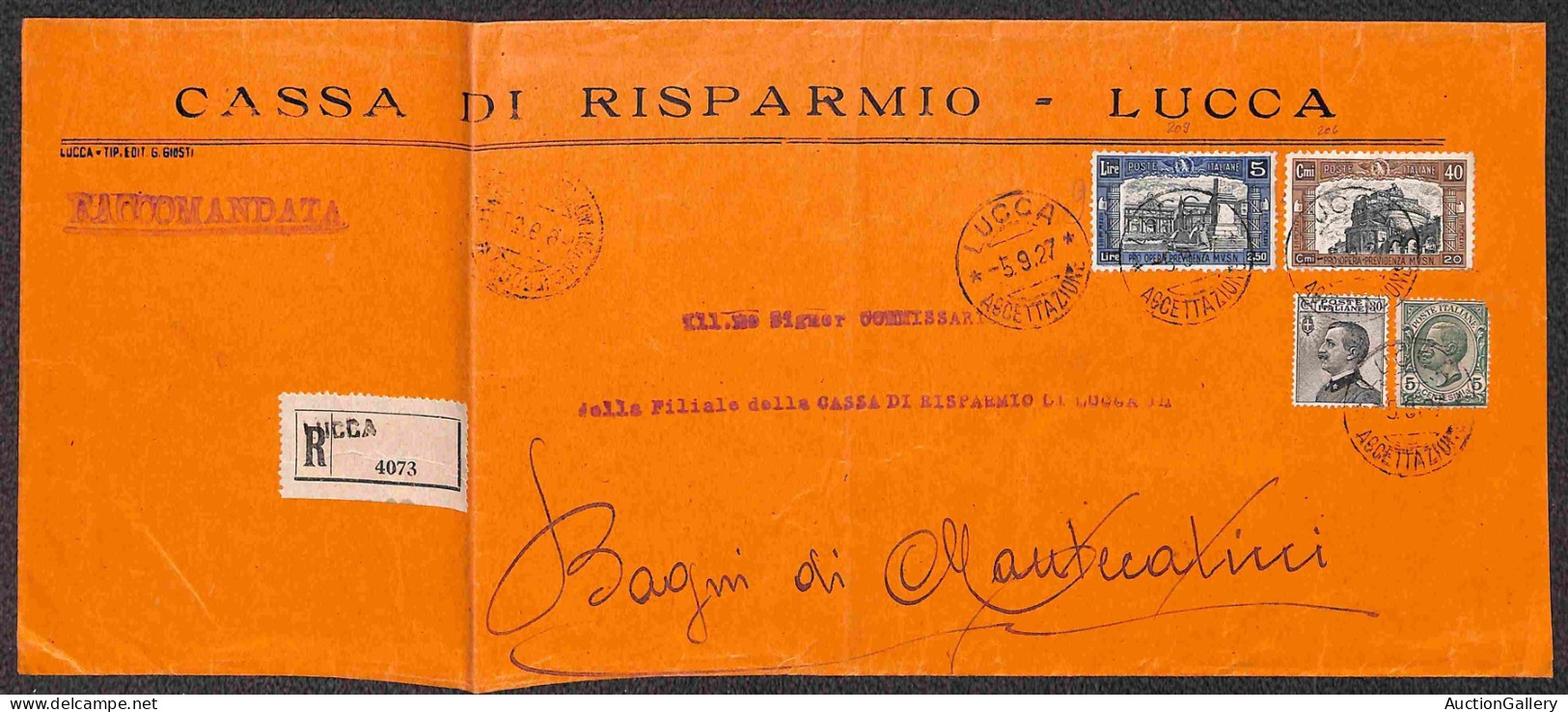 Regno - Vittorio Emanuele III - Busta Raccomandata Da Lucca 5.9.27 Affrancata Con 5 Lire Milizia Ed Altri Valori (209 +  - Autres & Non Classés