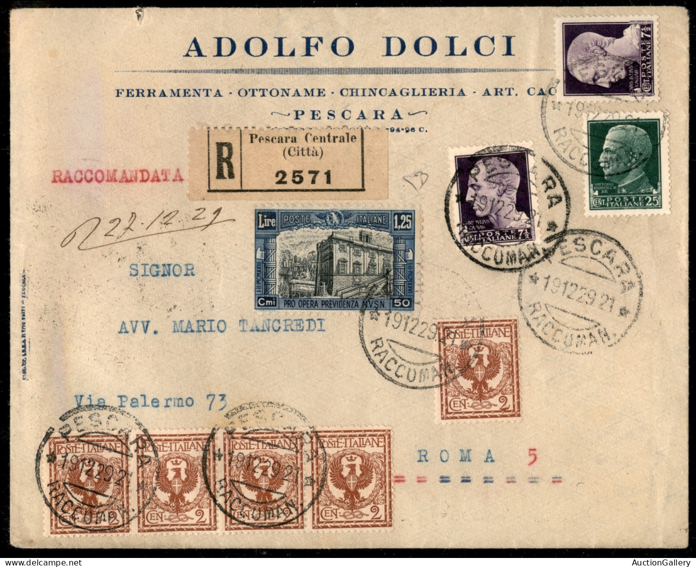 Regno - Vittorio Emanuele III - Busta Raccomandata Viaggiata Da Pescara 19.12.29 Affrancata Con 1,25 Lire Milizia E Vari - Other & Unclassified