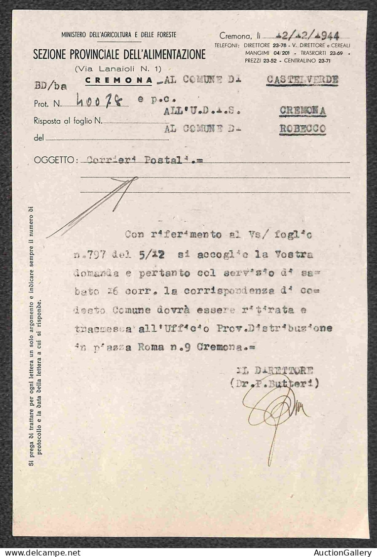 RSI - Servizi Postali Autorizzati - 1944 - Cremona/Casatelverde - 24 Novembre/8 Gennaio - 3 Circolari Relative Al Serviz - Sonstige & Ohne Zuordnung
