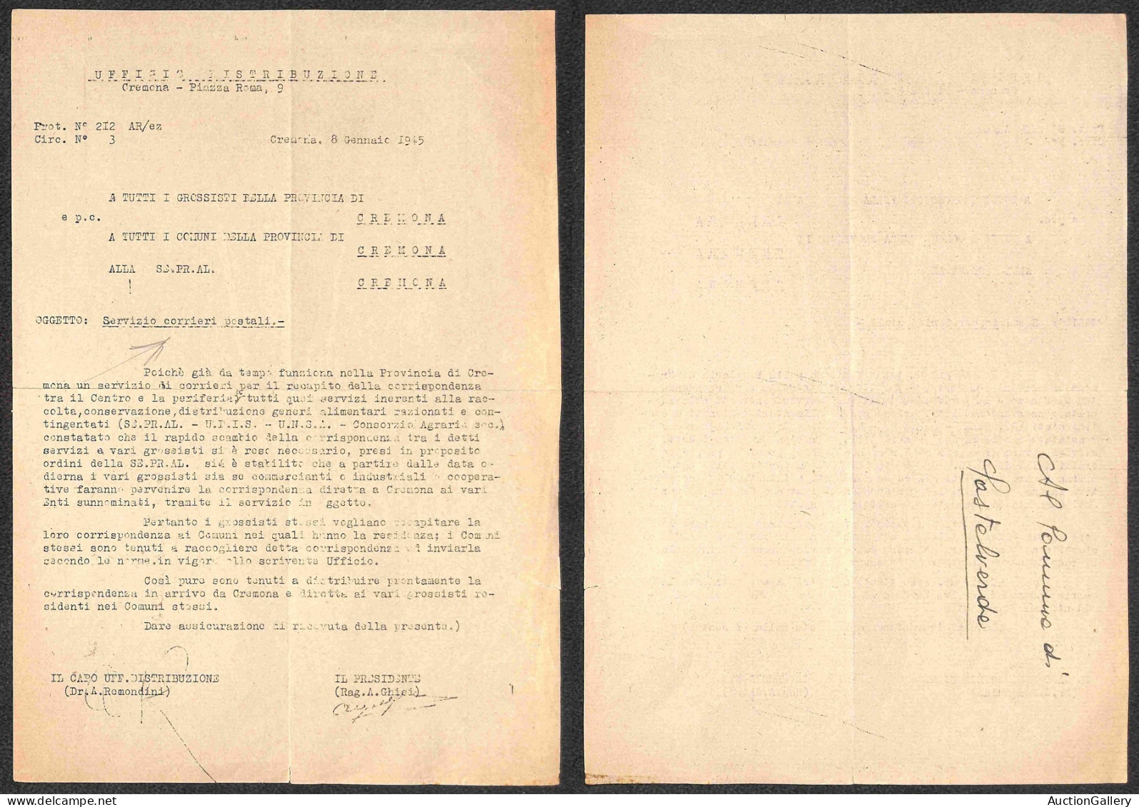 RSI - Servizi Postali Autorizzati - 1944 - Cremona/Casatelverde - 24 Novembre/8 Gennaio - 3 Circolari Relative Al Serviz - Autres & Non Classés