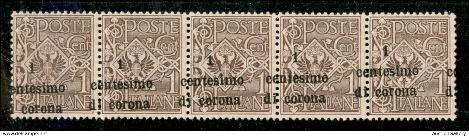 Occupazioni I Guerra Mondiale - Trento E Trieste - 1919 - Striscia Di Cinque Del 1 Cent Floreale (1u + Uta) Con Soprasta - Sonstige & Ohne Zuordnung