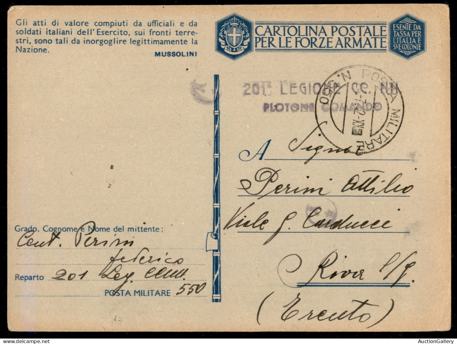 Colonie - Egeo - Rodi - Posta Militare N. 550 (201 Legione CC.NN./Plotone Comando) - Cartolina Postale In Franchigia Da  - Other & Unclassified