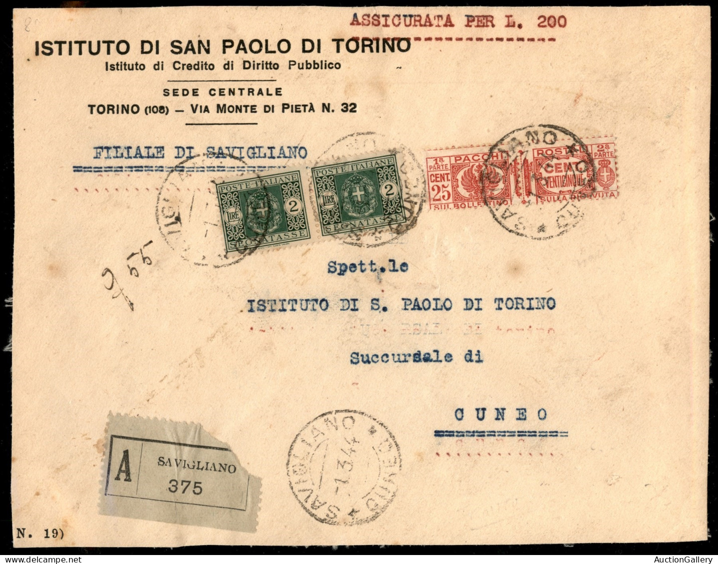 RSI - RSI - Frontespizio Di Assicurata Da Savigliano A Cuneo Del 1.3.44 Con Affrancatura D'emergenza (Pacchi Postali 26  - Sonstige & Ohne Zuordnung