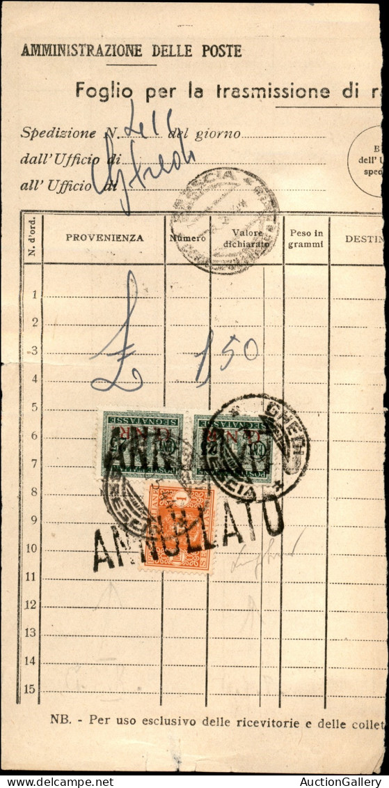 RSI - G.N.R. Brescia - Coppia Del 25 Cent (50/I) + 1 Lira (42 - Regno) In Uso Misto Su Ricevuta Cumulativa Da Ghedi Del  - Other & Unclassified