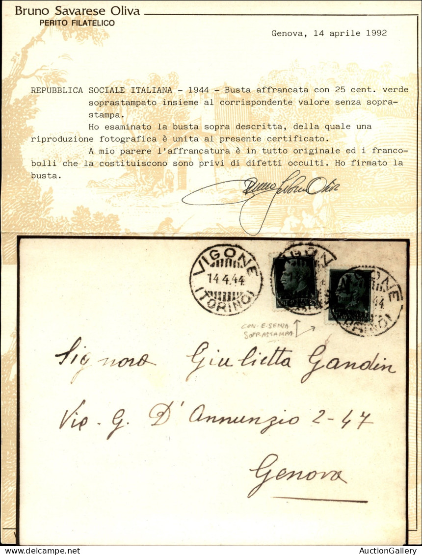 RSI - Provvisori - Valori Gemelli - 25 Cent (491) + 25 Cent (247) Su Busta Da Vigone A Genova Del 14.4.44 - Cert. Oliva - Sonstige & Ohne Zuordnung