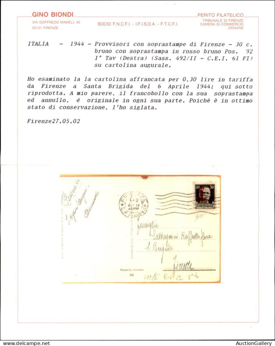 RSI - Provvisori - Firenze - 30 Cent (492/II) Rosso Bruno (F) - Cartolina Per Città Del 6.4.44 - Cert. Biondi - Sonstige & Ohne Zuordnung