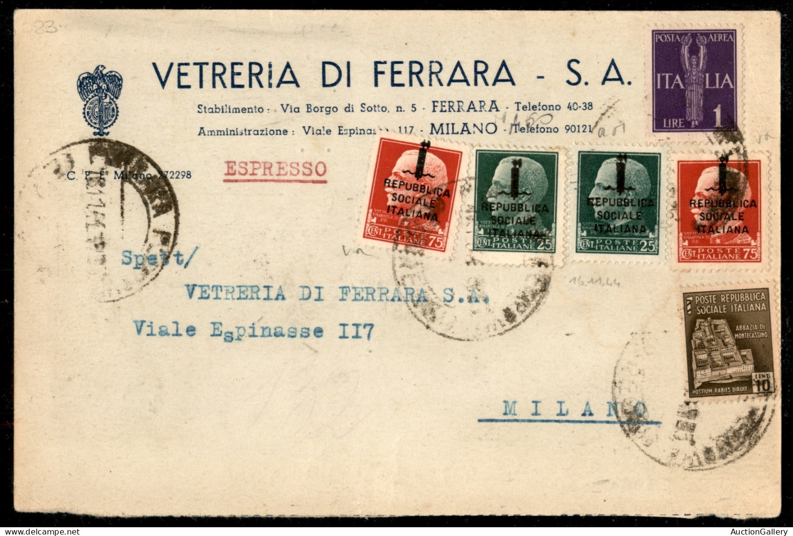 RSI - Provvisori - Cartolina Espresso Da Ferrara A Milano Del 15.11.44 Con Affrancatura Multipla Mista (491 Milano + 491 - Andere & Zonder Classificatie