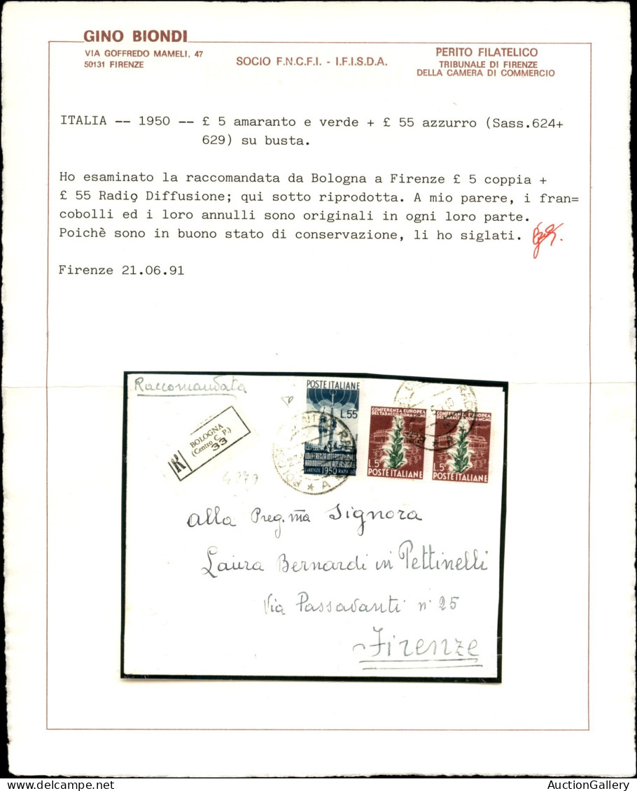 Repubblica - Repubblica - 55 Lire Radiodiffusione (624) + Complementari (629 Coppia) - Raccomandata Da Bologna A Firenze - Andere & Zonder Classificatie