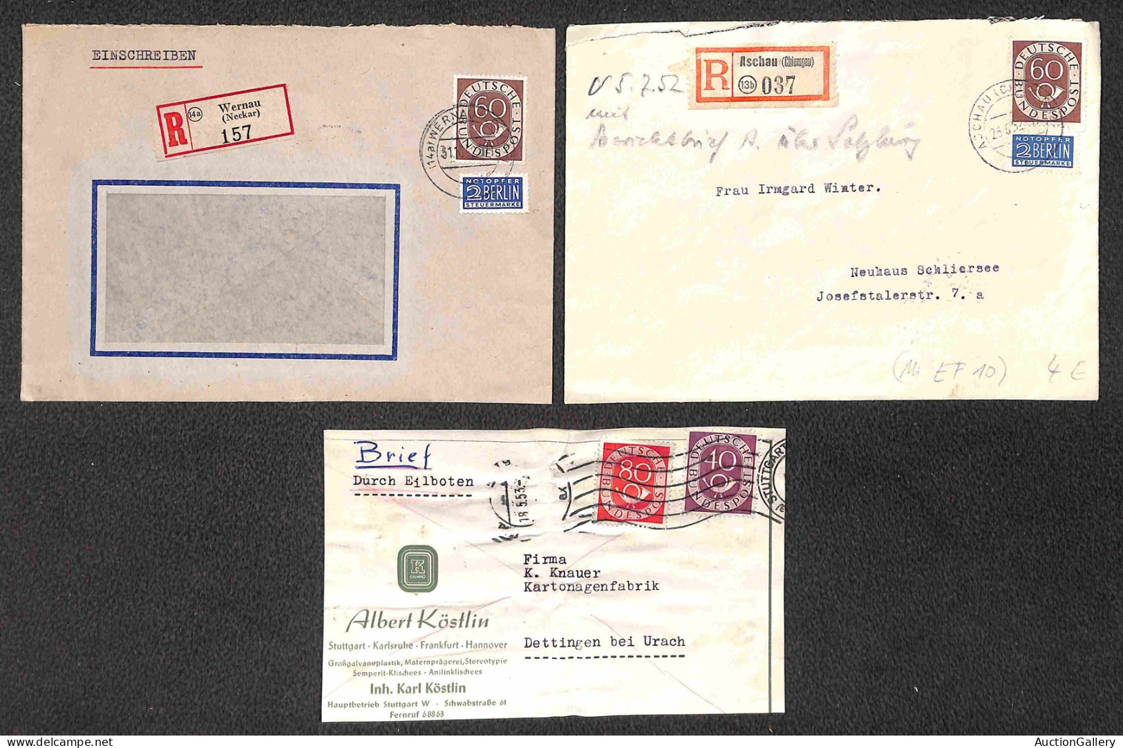 EUROPA - GERMANIA - 1952/1954 - Corno di Posta - insieme di 17 oggetti postali con diverse affrancature dell'emissione -