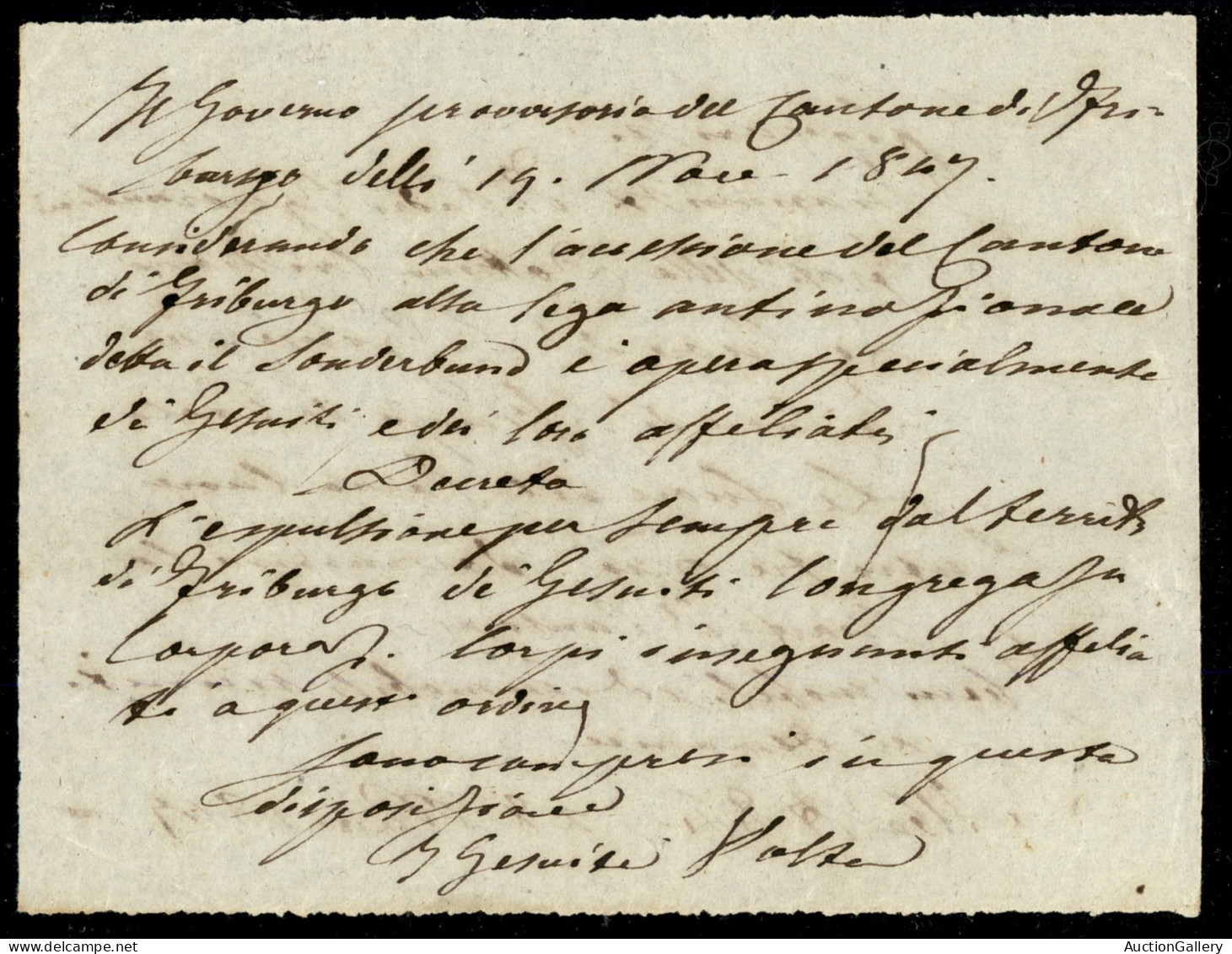 EUROPA - SVIZZERA - Friburgo 19/28 Nov 1847 - Espulsione Di Gesuiti Frati E Suore Dal Cantone - Nota Autografa Su Foglie - Other & Unclassified