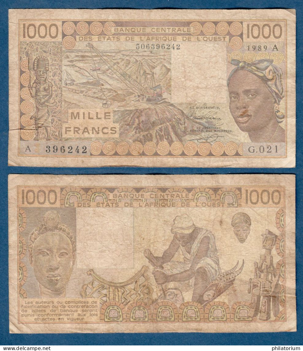 1000 Francs CFA, 1989 A, Côte D' Ivoire, G.021, A 396242, Oberthur, P#_07, Banque Centrale États De L'Afrique De L'Ouest - West African States