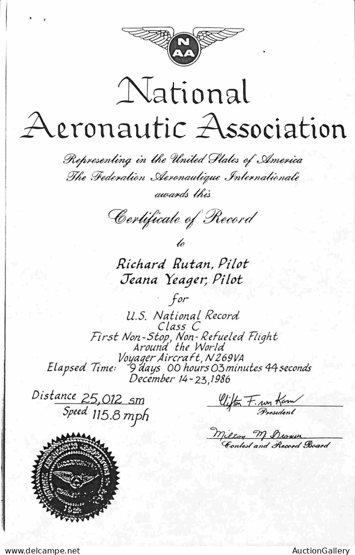 OLTREMARE - STATI UNITI D'AMERICA - 1986 - Aerogramma Del Volo Voyager Sperimentale - Numero 302/500 - Volo Di Collaudo  - Autres & Non Classés