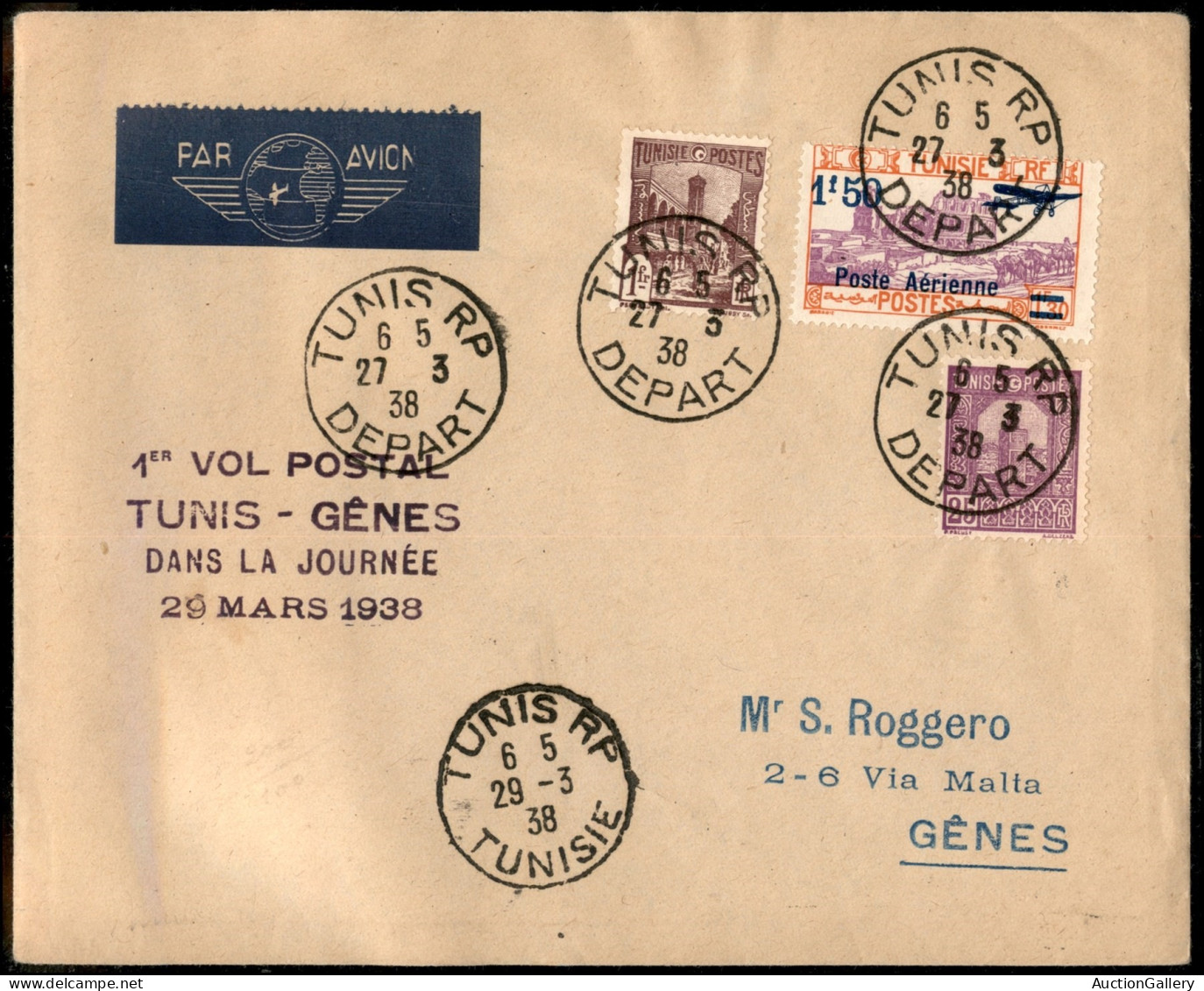 OLTREMARE - TUNISIA - 1938 (29 Marzo) - Tunisi Genova - Ala Littoria/Primo Volo - Longhi 3773 - Otros & Sin Clasificación