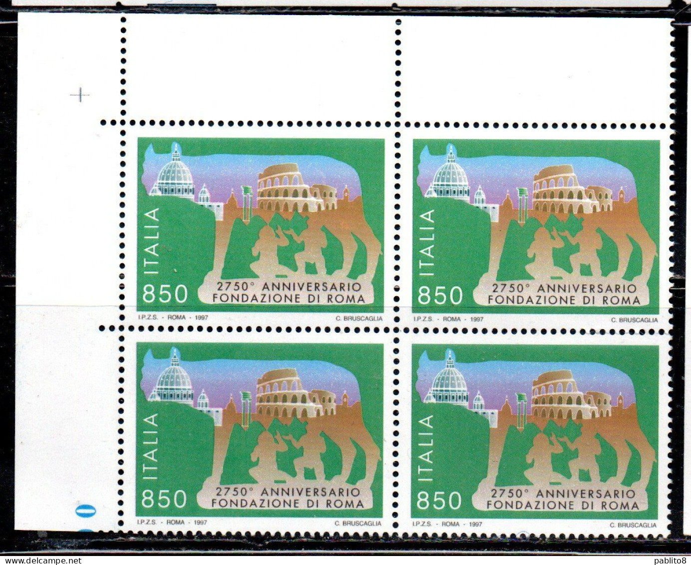 ITALIA REPUBBLICA ITALY REPUBLIC 1997 ANNIVERSARIO 2750° DELLA FONDAZIONE DI ROMA QUARTINA ANGOLO DI FOGLIO BLOCK MNH - 1991-00: Neufs