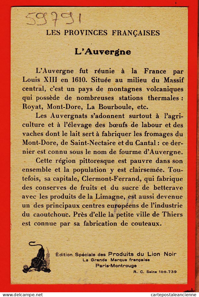 16408 / AUVERGNE Provinces Francaises Contour Géographique CLERMONT-FERRAND 1940s Edition Spéciale Produits LION NOIR - Carte Geografiche