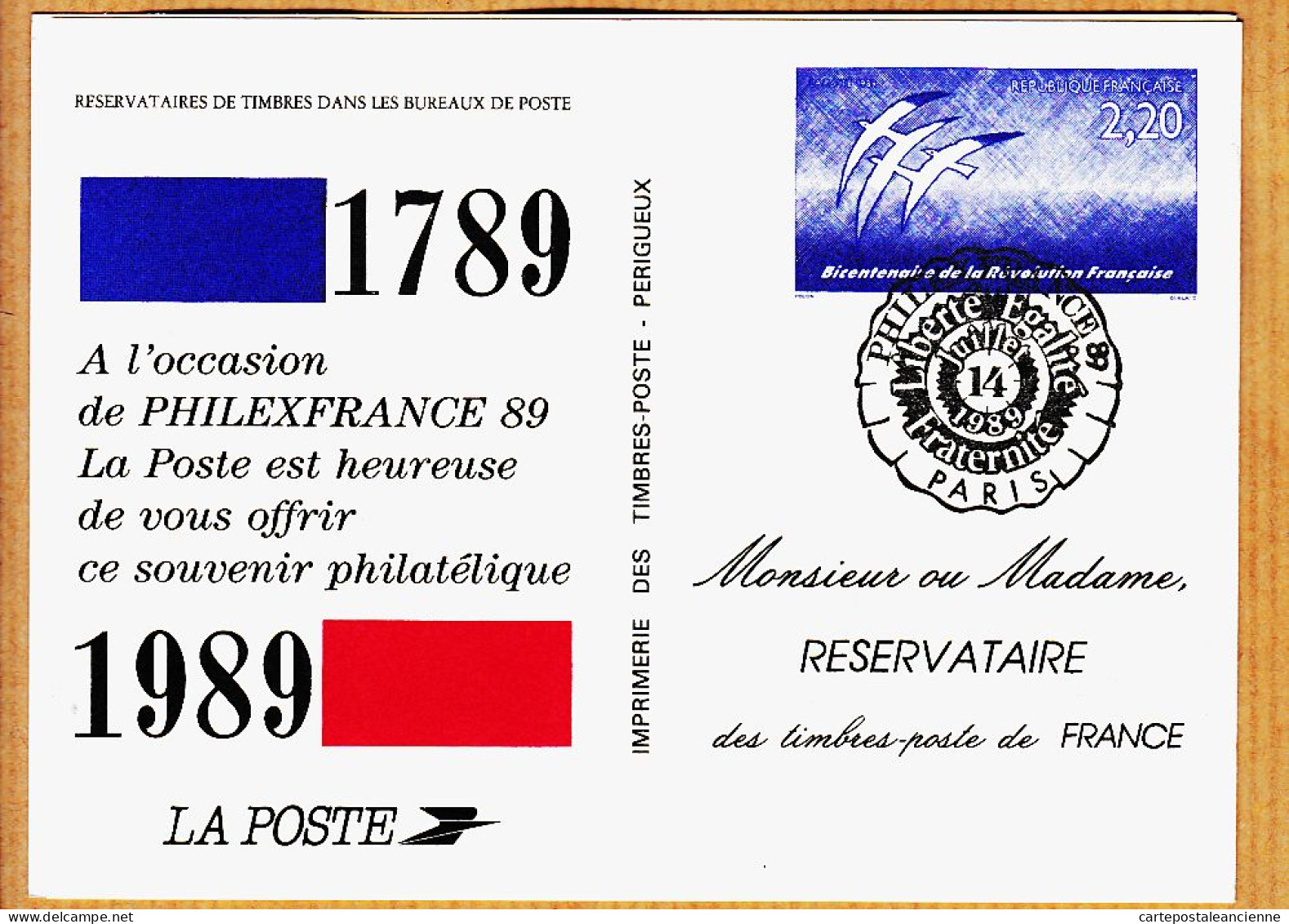16485 / PHILEXFRANCE 89 Bicentenaire Révolution 1789-1989 Souvenir Philatélique RESERVATAIRE Timbres-Postes De FRANC - Poste & Postini