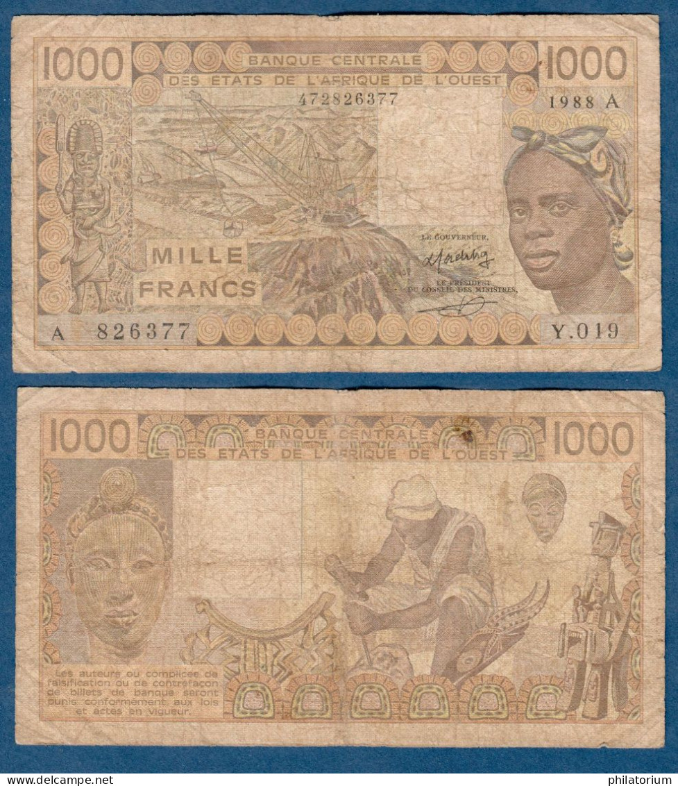 1000 Francs CFA, 1988 A, Côte D' Ivoire, Y.019, A 826377, Oberthur, P#_07, Banque Centrale États De L'Afrique De L'Ouest - West African States