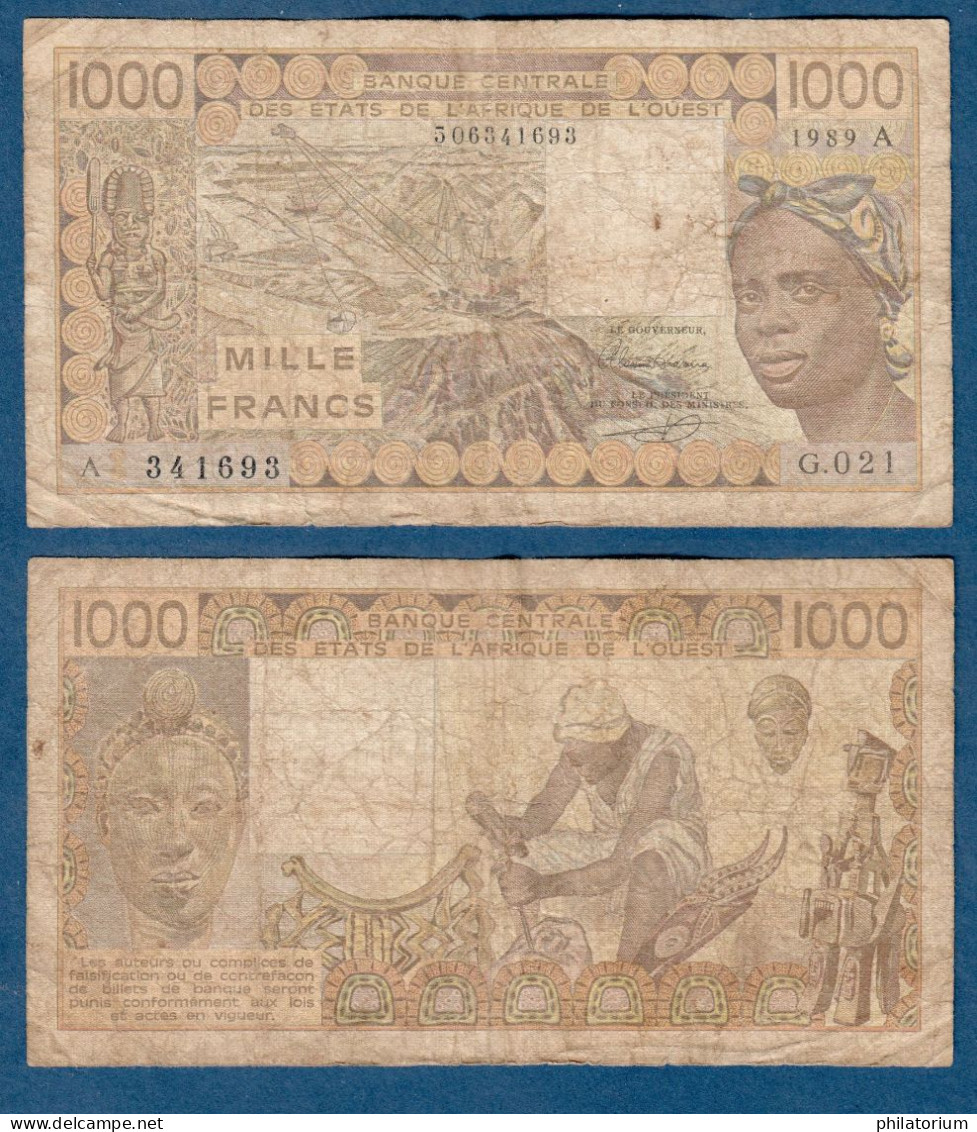 1000 Francs CFA, 1989 A, Côte D' Ivoire, G.021, A 341693, Oberthur, P#_07, Banque Centrale États De L'Afrique De L'Ouest - Estados De Africa Occidental