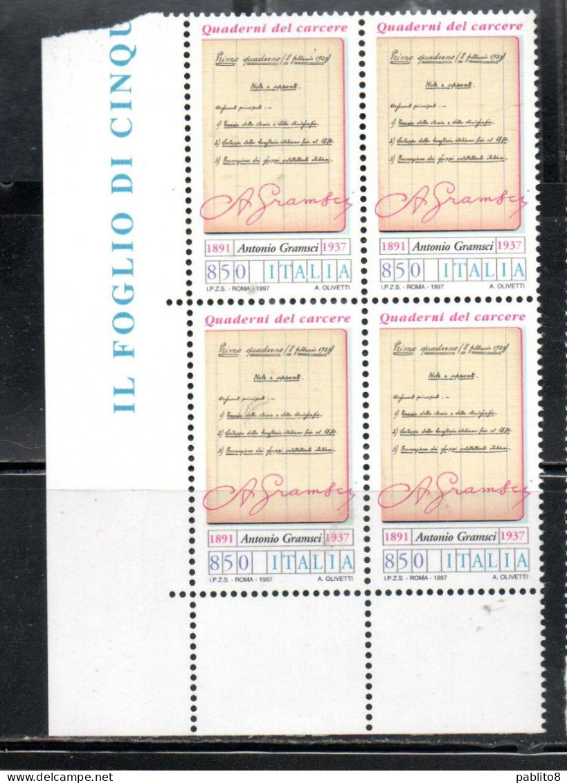 ITALIA REPUBBLICA ITALY REPUBLIC 1997 ANTONIO GRAMSCI FIRMA AUTOGRAFA QUARTINA ANGOLO DI FOGLIO BLOCK MNH - 1991-00:  Nuovi