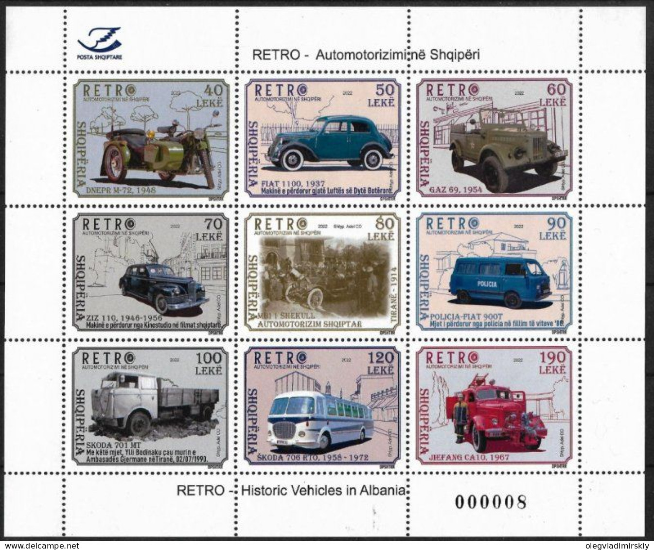 Albania Albanie 2023 Retro Cars Buses Motorcycles Trucks Firefighter Auto Transport Set Of 8 Stamps With Label In Block - Bussen