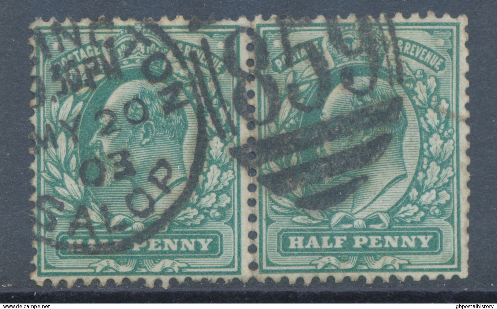 GB EVII ½d Blue-green (pair) VFU With Duplex „WELLINGTON / 859“, Shropshire (3VOD, Time In Full 9.30.PM), 20.5.1903 - Used Stamps
