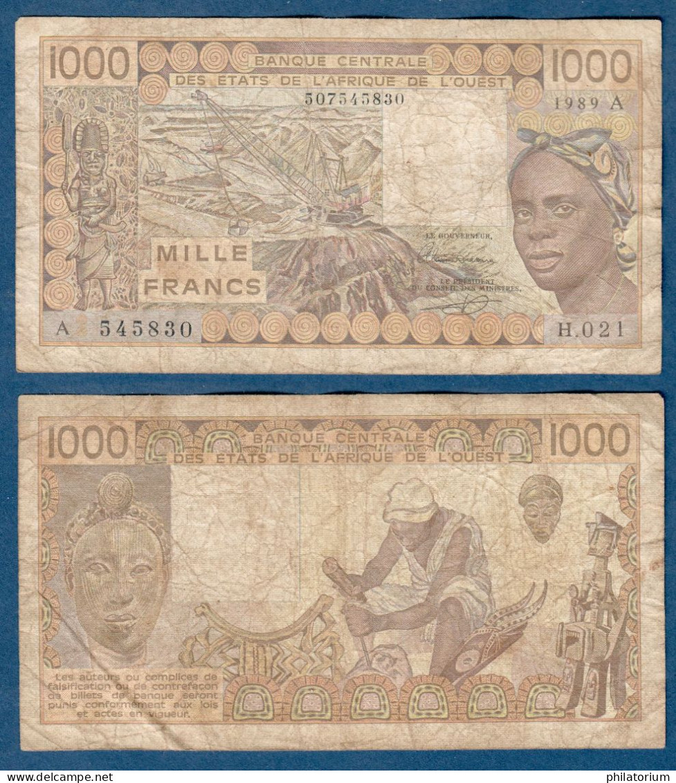 1000 Francs CFA, 1989 A, Côte D' Ivoire, H.021, A 545830, Oberthur, P#_07, Banque Centrale États De L'Afrique De L'Ouest - West African States