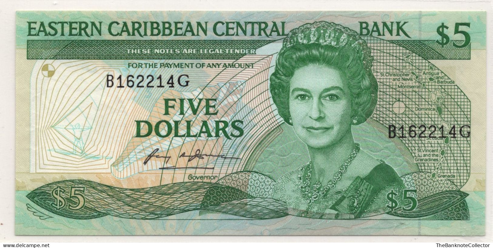 Eastern Caribbean Central Bank 5 Dollars ND 1988-1993 QEII P-22 Grenada Prefix B - East Carribeans