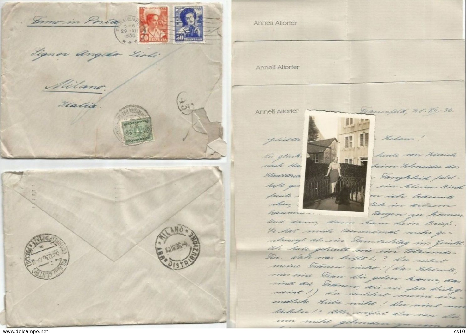 Suisse Frauenfeld 29dec1936 To Italy Fermo Posta Poste Restante With 2v PJ 1936 Taxed P.Due + Photo + 3 Pages Text - Segnatasse