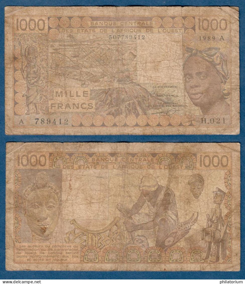 1000 Francs CFA, 1989 A, Côte D' Ivoire, H.021, A 789412, Oberthur, P#_07, Banque Centrale États De L'Afrique De L'Ouest - West African States