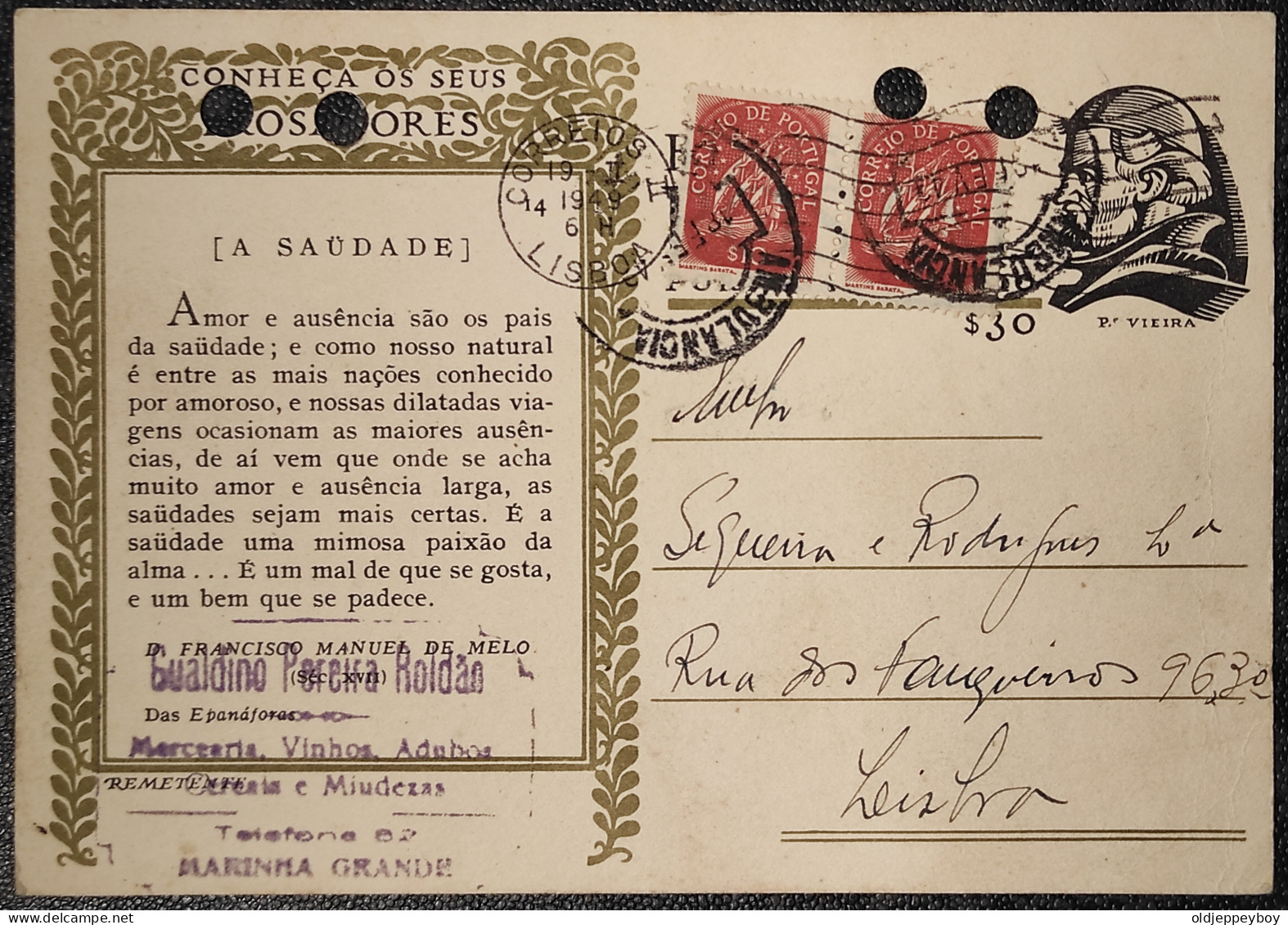 PORTUGAL 1949 Bilhete Postal Conheça Os Seus Prosadores «A SAUDADE» CARIMBO COMERCIAL MERCEARIA, ETC MARINHA GRANDE - Entiers Postaux